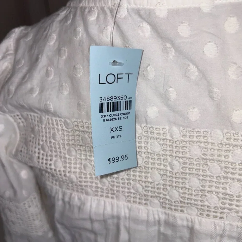 NEW NWT Ann Taylor Loft Dotted Lace Trim Flounce Swing Dress White Cotton XXS